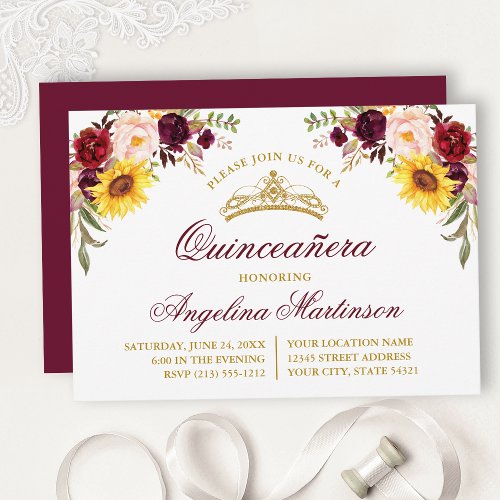 Watercolor Mixed Floral Burgundy Quinceanera Party Invitation