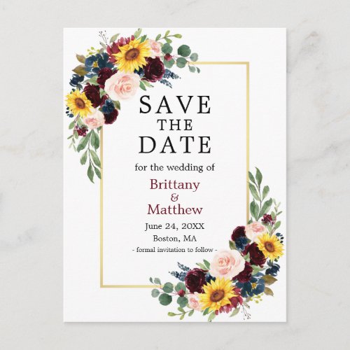 Watercolor Mixed Floral Burgundy Save the Date Postcard