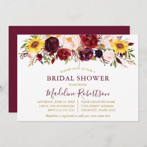 Watercolor Mixed Floral Burgundy Shower Gold Invitation