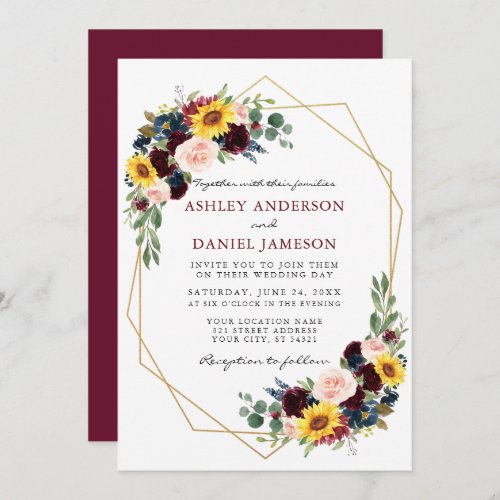 Watercolor Mixed Floral Burgundy Wedding Geometric Invitation