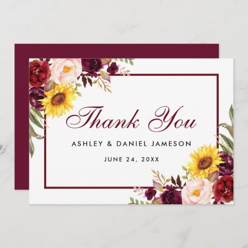 Watercolor Mixed Floral Burgundy Wedding Thank You Card