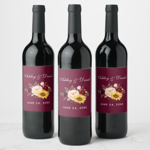 Watercolor Mixed Floral Burgundy Wedding Wine Label