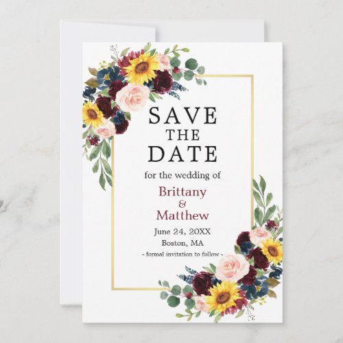 Watercolor Mixed Floral Elegant Gold Frame Save The Date