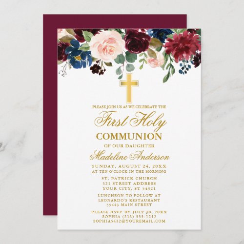 Watercolor Mixed Floral First Communion Burgundy Invitation