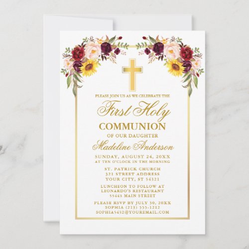 Watercolor Mixed Floral First Communion Gold Invitation