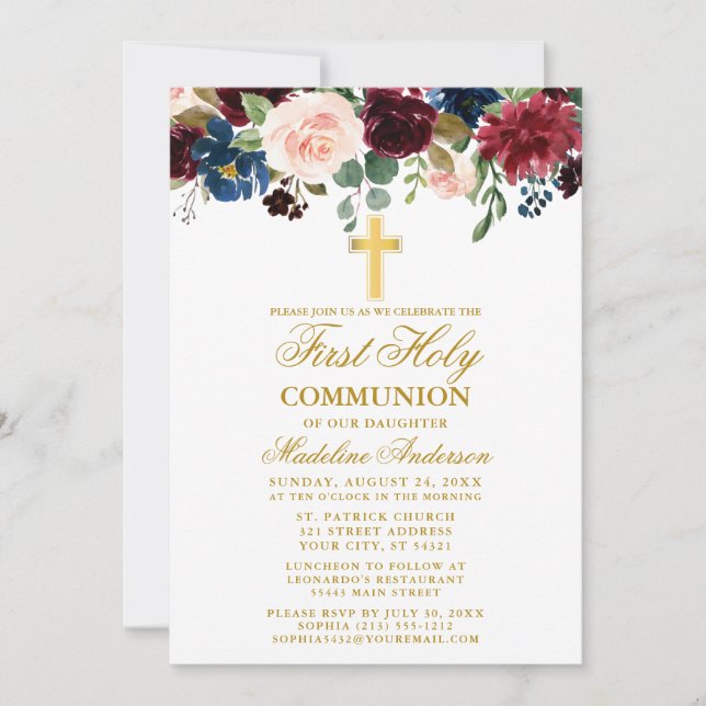 Watercolor Mixed Floral First Communion Gold Invitation (Front)