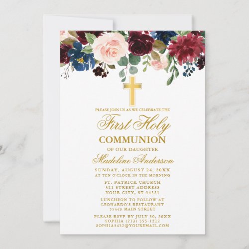 Watercolor Mixed Floral First Communion Gold Invitation