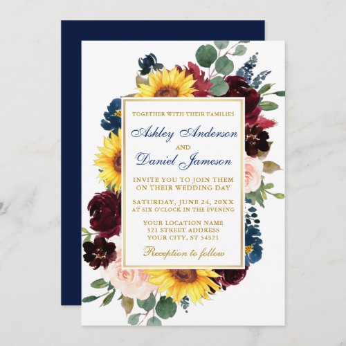 Watercolor Mixed Floral Frame Wedding Blue Gold Invitation