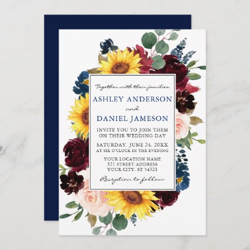 Watercolor Mixed Floral Frame Wedding Blue Invitation