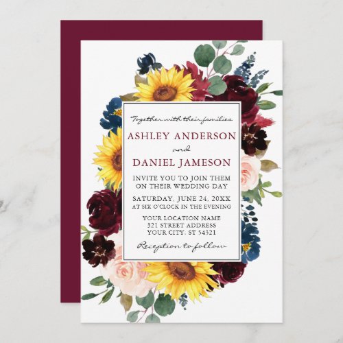 Watercolor Mixed Floral Frame Wedding Burgundy Invitation