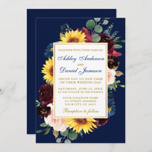 Watercolor Mixed Floral Frame Wedding Gold Blue Invitation