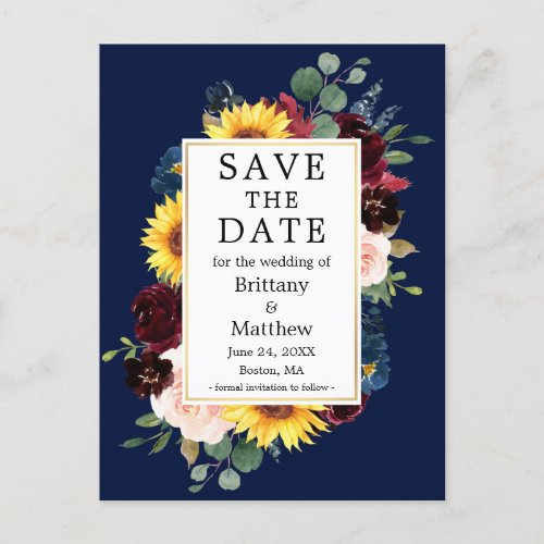 Watercolor Mixed Floral Gold Blue Save the Date Postcard