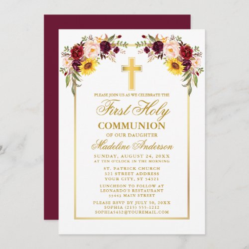 Watercolor Mixed Floral Gold First Communion Invitation