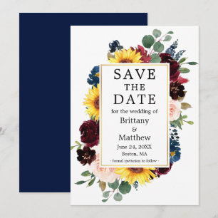 Watercolor Mixed Floral Gold Frame Blue Save The Date
