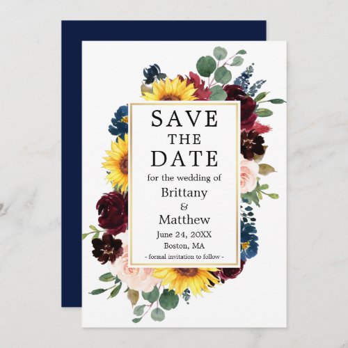 Watercolor Mixed Floral Gold Frame Blue Save The Date