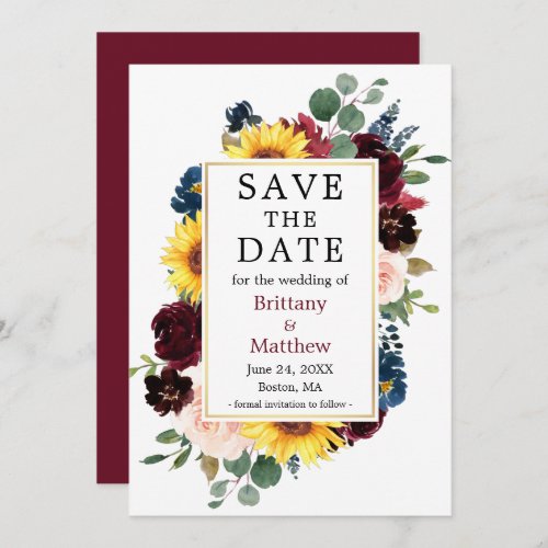 Watercolor Mixed Floral Gold Frame Burgundy Save The Date