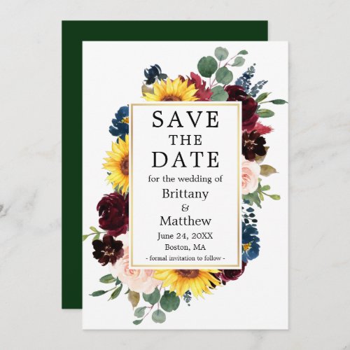 Watercolor Mixed Floral Gold Frame Green Save The Date