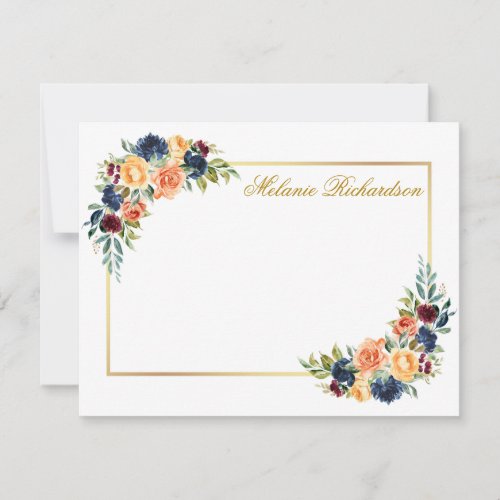 Watercolor Mixed Floral Gold Frame Personalized Note Card