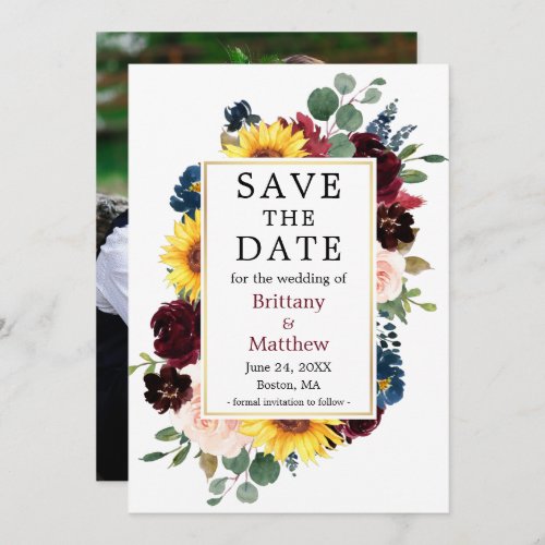 Watercolor Mixed Floral Gold Frame Photo Back Save The Date