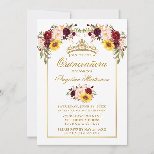 Watercolor Mixed Floral Gold Frame Quinceanera Invitation