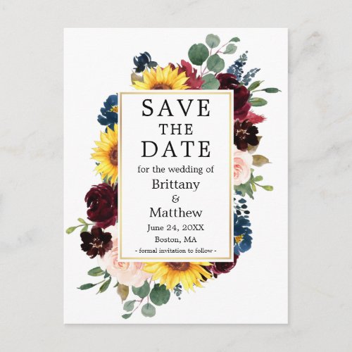 Watercolor Mixed Floral Gold Frame Save the Date Postcard