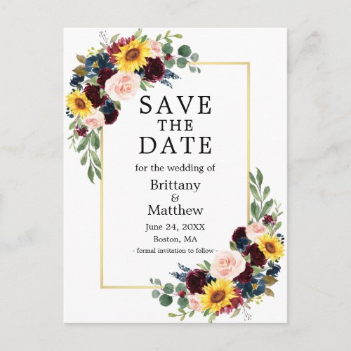 Watercolor Mixed Floral Gold Frame Save the Date Postcard