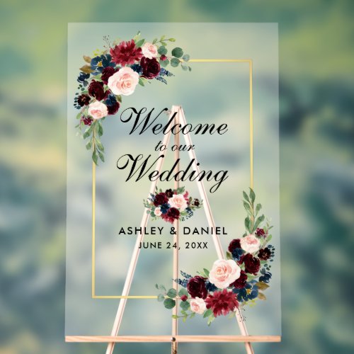 Watercolor Mixed Floral Gold Frame Wedding Welcome Acrylic Sign
