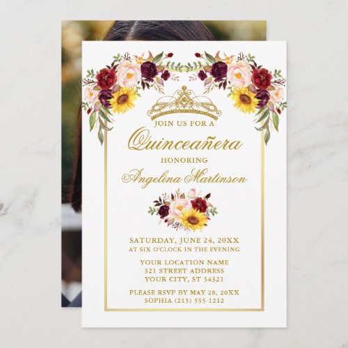 Watercolor Mixed Floral Gold Quinceanera Photo Invitation