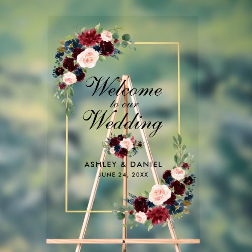 Watercolor Mixed Floral Gold Wedding Welcome Acrylic Sign