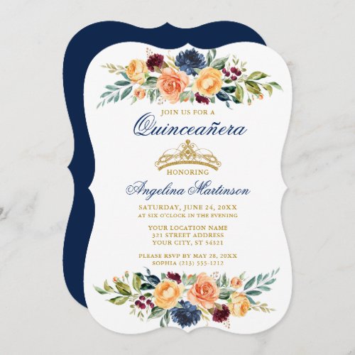 Watercolor Mixed Floral Greenery Blue Quinceanera Invitation