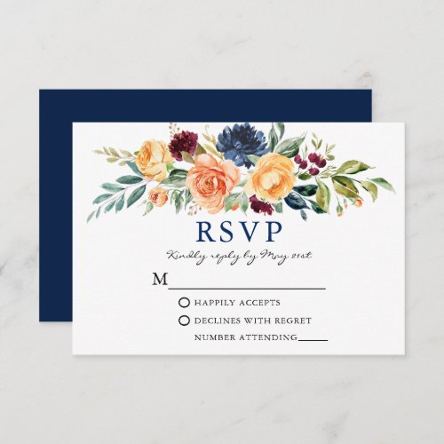 Watercolor Mixed Floral Greenery Blue Wedding RSVP Card