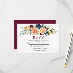 Watercolor Mixed Floral Greenery Burgundy Wedding RSVP Card