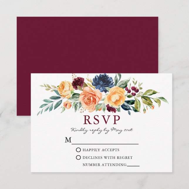 Watercolor Mixed Floral Greenery Burgundy Wedding RSVP Card (Front/Back)