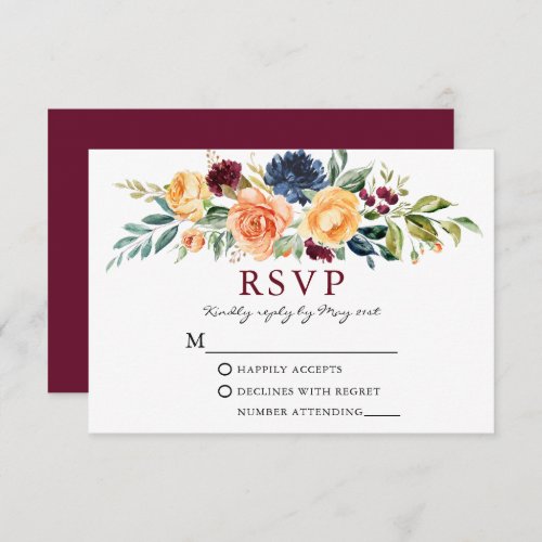 Watercolor Mixed Floral Greenery Burgundy Wedding RSVP Card