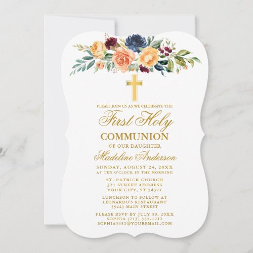 Watercolor Mixed Floral Greenery First Communion Invitation