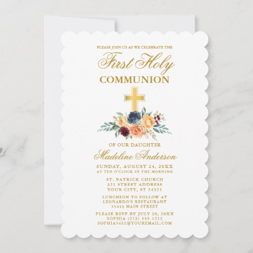 Watercolor Mixed Floral Greenery Gold Communion Invitation