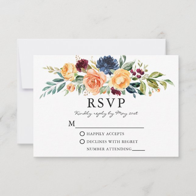 Watercolor Mixed Floral Greenery Wedding RSVP Card (Front)