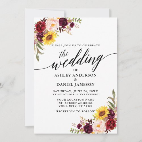 Watercolor Mixed Floral Modern Calligraphy Wedding Invitation