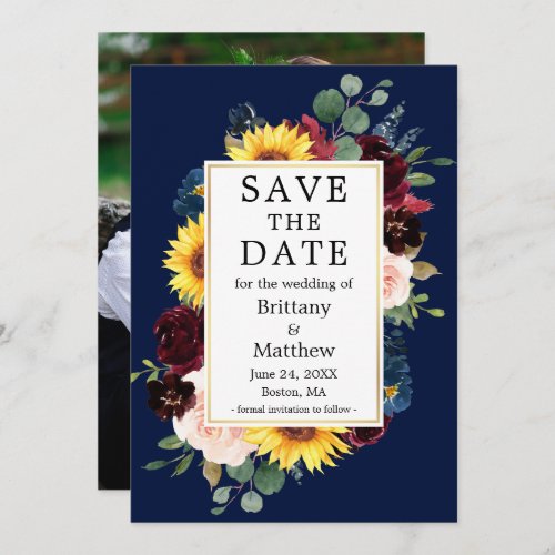 Watercolor Mixed Floral Photo Back Gold Blue Save The Date