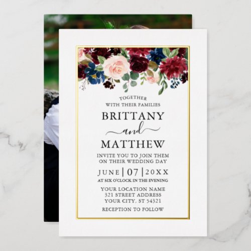 Watercolor Mixed Floral Photo Wedding Gold Foil Invitation