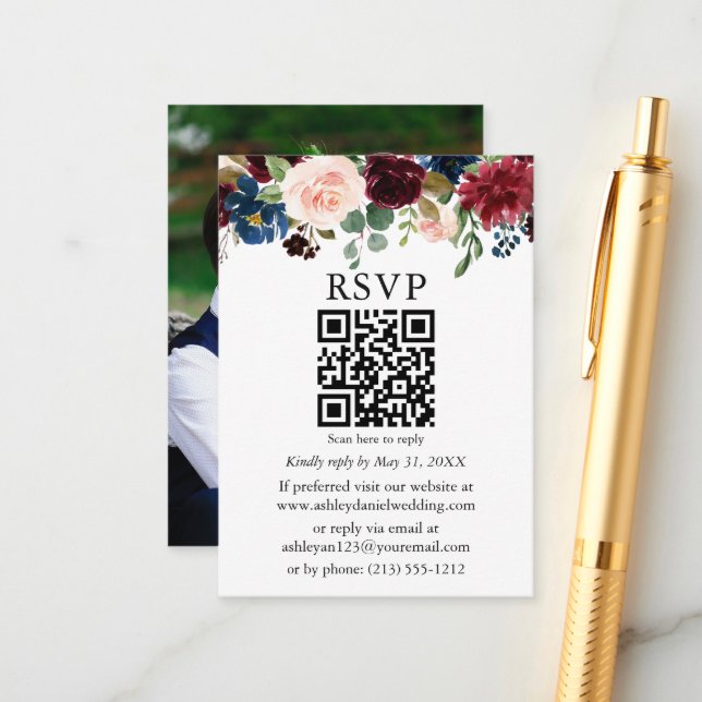 Watercolor Mixed Floral Photo Wedding QR RSVP Enclosure Card (Front/Back In Situ)