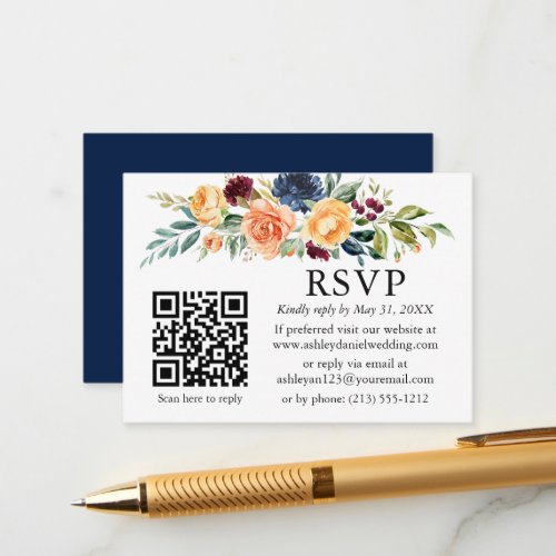 Watercolor Mixed Floral QR Wedding Blue RSVP Enclosure Card
