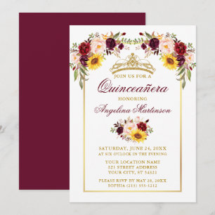 Watercolor Mixed Floral Quinceanera Gold Frame Invitation
