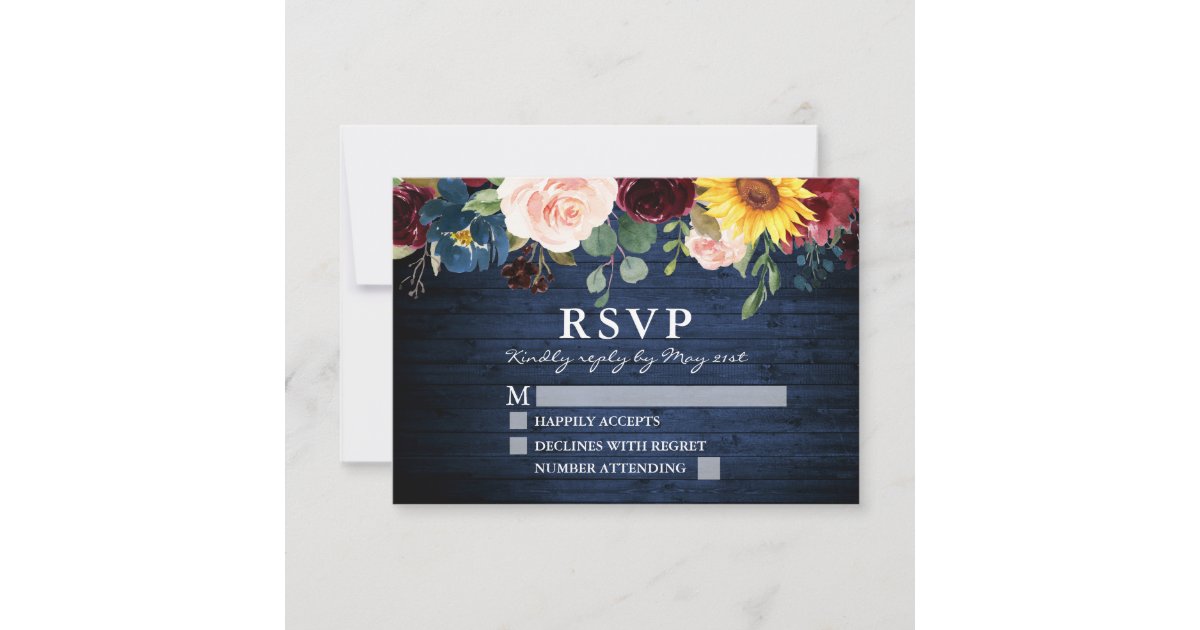 Watercolor Mixed Floral Rustic Blue Wood Wedding RSVP Card | Zazzle