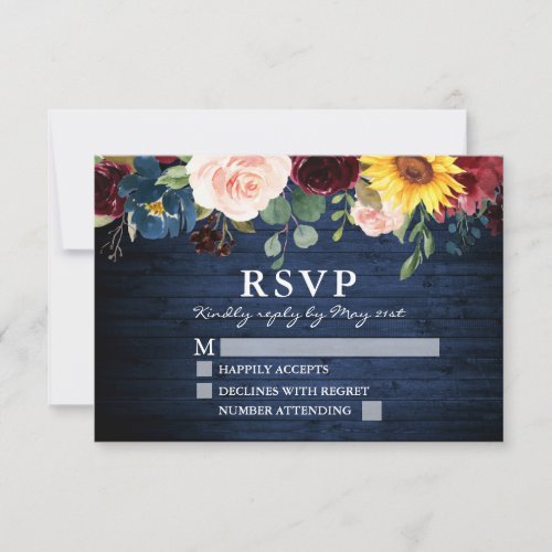 Watercolor Mixed Floral Rustic Blue Wood Wedding RSVP Card