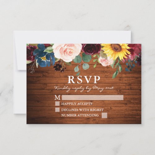 Watercolor Mixed Floral Rustic Wood Wedding RSVP Card