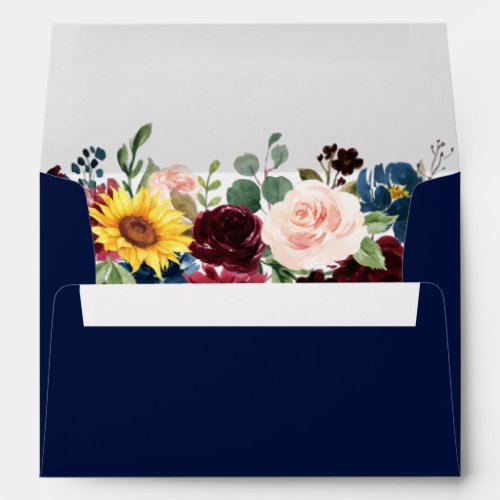 Watercolor Mixed Floral Wedding Blue Envelope
