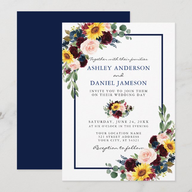 Watercolor Mixed Floral Wedding Blue Frame Invitation (Front/Back)