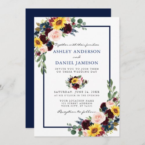 Watercolor Mixed Floral Wedding Blue Frame Invitation