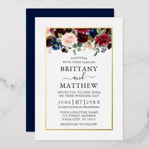 Watercolor Mixed Floral Wedding Blue Gold Foil Invitation